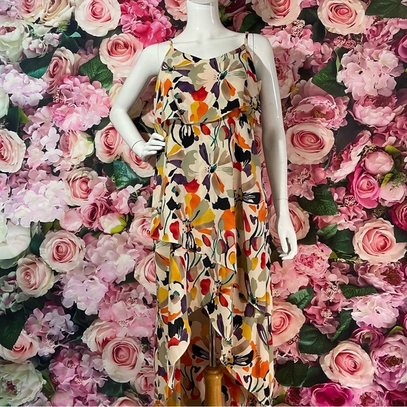 BCBG Paris Size M Medium Floral Tiered High Low Dress Flowy Multicolored - Picture 10 of 11